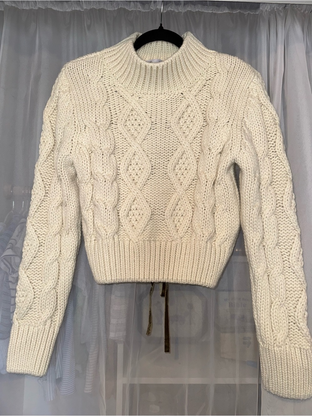 Zara Cream Cable Knit Mock Turtleneck Sweater with Lace Up Back Detail